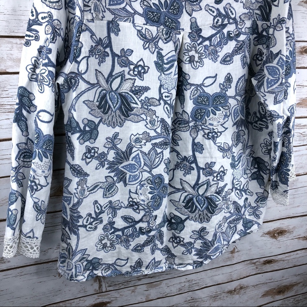 Elena Baldi Italy blue floral linen lace trim top - Picture 7 of 8